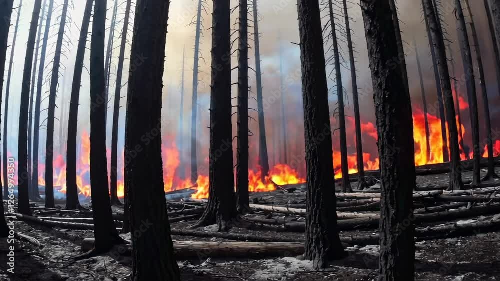 Poster scorching wildfire raging through forest landscape, consuming trees and generating dense smoke, reve