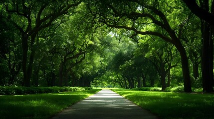 Fototapeta premium Sunlit Path Through Green Trees Tunnel In Park