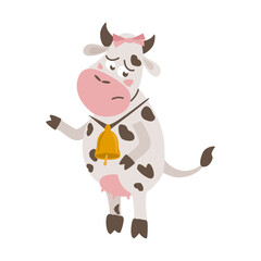 Sad cartoon cow on hind legs with bell on neck and bow on head - vector flat illustration, character for design of postcards, calendars, clothes, packaging