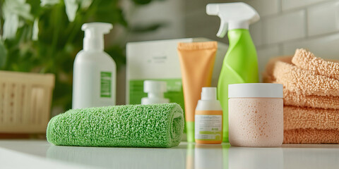 Assortment of Personal Care Products and Towels on Bathroom Counter