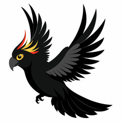 Obraz premium Сartoon bird a black cockatoo parrot in flight. Cute exotic parrot from Australia. Isolated on white background. Side view. Vector illustration. 