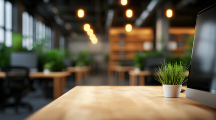 Modern office workspace with blurred background, focus on a wooden desk and a small plant, conveying a sense of calm productivity.
