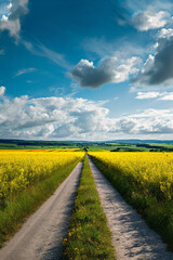 road in the field with blue sky