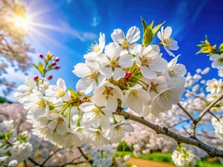 Stunning panoramic: white cherry trees in full bloom against a breathtaking blue sky.