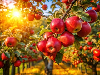 Obraz premium Lush Autumn Orchard: Red Apples Hanging on Tree Branches