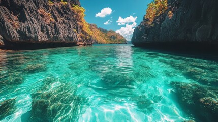 Obraz premium A crystal-clear saltwater lagoon with vibrant turquoise water, surrounded by rocky cliffs