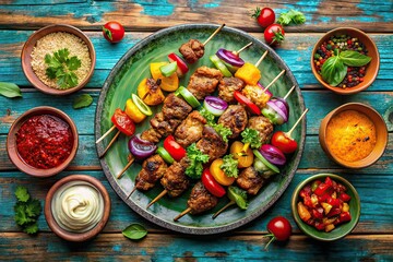 Grilled Kebabs, Delicious Platter, Flavorful Dips, Food Photography
