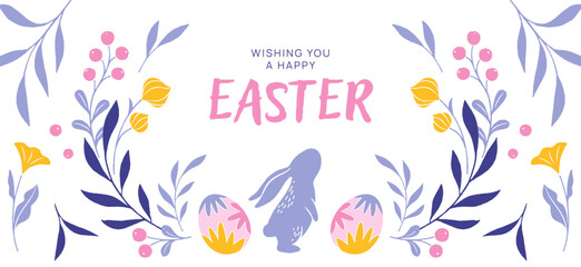 Happy Easter greeting card in trendy design with typography, decorative eggs, floral elements, and Easter bunny. Modern art style. Template for postcard, invitation, promo, ads poster