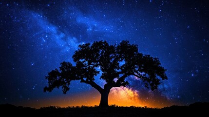 Lone tree silhouetted 'neath Milky Way galaxy, night sky, landscape, poster