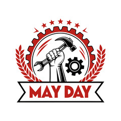 May first International Workers Day. International Workers Day with, holding hammer, blood splash, creative Vector illustration on white background.