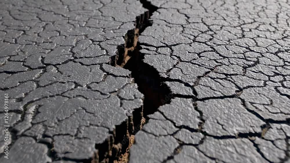 Aufkleber Ground splitting apart during powerful seismic event, revealing deep geological fracture spreading across parched landscape in dramatic slow motion sequence