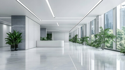 Modern minimalist office lobby interior design with sleek lines, polished floors, and large windows offering a city view, enhanced by potted plants.