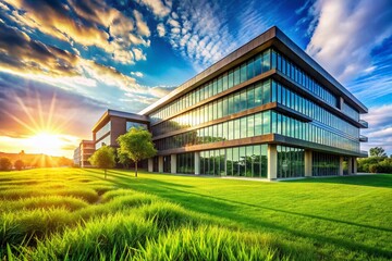 Fototapeta premium Lush Green Grass Meadow, Architectural Detail, Sunlight, Summer Landscape, Nature Photography