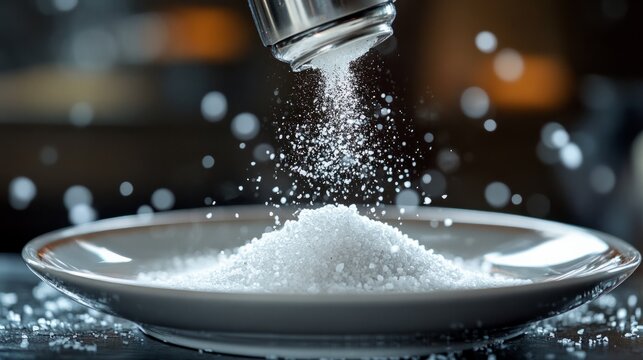 A glistening salt shaker held above a dinner plate, with salt falling in slow motion