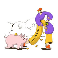 man feeds coins to a pig