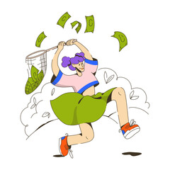 woman catches dollars flying around in a net