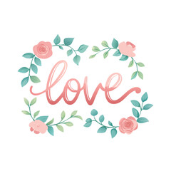 Love typography with floral wreath decoration