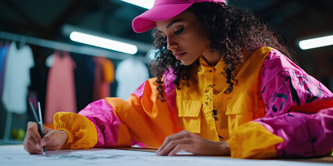 Young Woman in Colorful Jacket Sketching on Paper