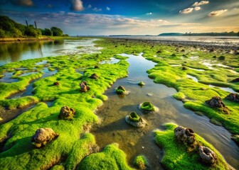 Naklejka premium Lush Green Swamp Landscape with Scattered Shellfish Remains - Stock Photo