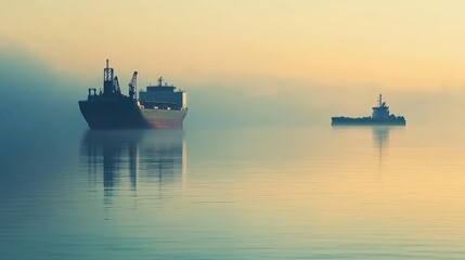 Obraz premium Cargo Ships Positioned Near Oil Rig at Dawn in Foggy Waters