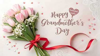Bouquet of pink tulips with card, Charming Grandmother's Day Floral Design