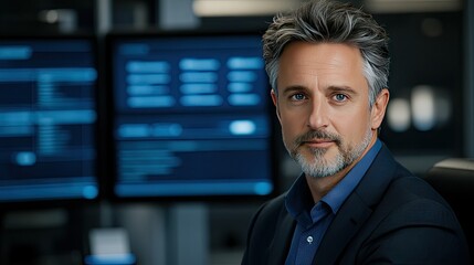 Business professional working in a modern office with digital screens displaying data and analytics in an urban environment