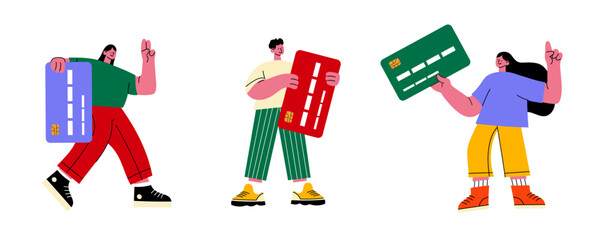 Colorful cartoon vector illustration of three happy people holding large credit cards. Perfect for finance, banking, online payments, fintech, shopping, and e-commerce designs.