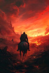 Fototapeta premium Lone Knight in a Burning Apocalypse – Dark Fantasy Art