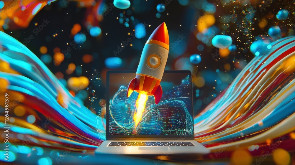 Fototapete This striking image depicts a rocket launching from an open laptop amidst a vibrant array of abstract waves, representing innovation and technological advancement.