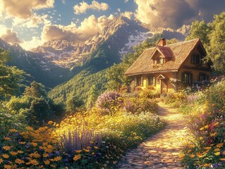 Fototapeta premium A serene mountain landscape featuring a cozy cottage surrounded by vibrant flowers.