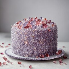 A delicate lilac crystal cake with soft pink and purple edible gems, placed gracefully on a pure white background.