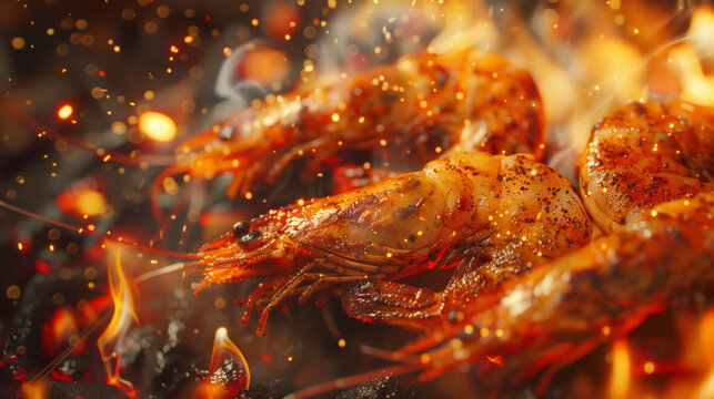 Gambas a la parrilla con efecto de calor y especias flotando en el aire.