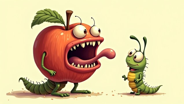 cartoonish illustration green caterpillar with a grotesque  apple exaggerated face 