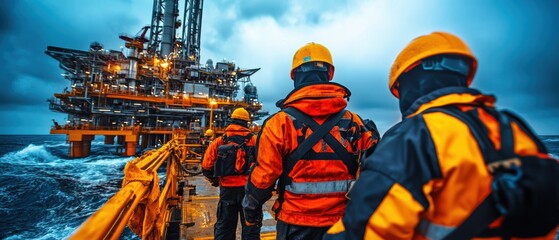 Workers in Safety Gear on Drilling Platform Under Cloudy Sky