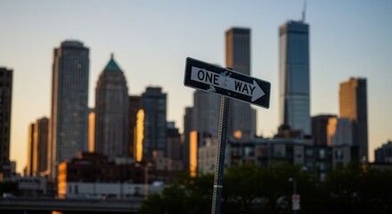 Fototapeta premium One Way Sign with Skyline Backdrop During Sunset Urban Scene