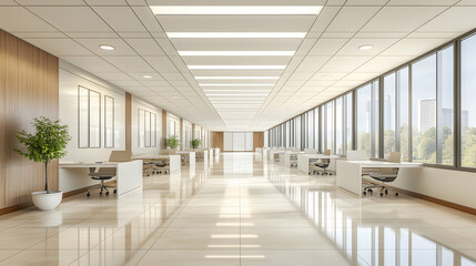 Fototapeta premium Modern, bright office hallway with sleek workstations and large windows offering a city view. Ideal for corporate, business, and real estate marketing.