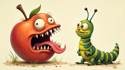 Obraz premium cartoonish illustration green caterpillar with a grotesque apple exaggerated face funny cartoon worm with a apple