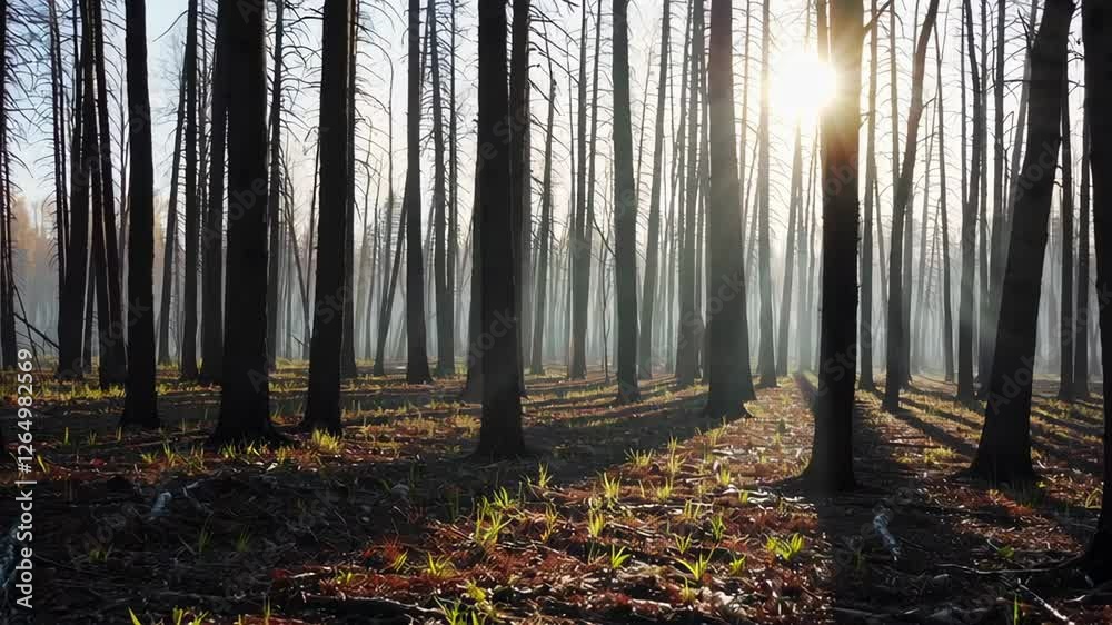 Poster soft morning sunlight filtering through charred tree trunks and lingering smoke, revealing subtle si