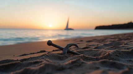 Fototapeta premium Sword in the sand at the beach during sunset