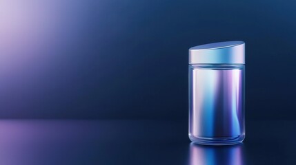 3d rendering of a glass jar with a silver lid. the jar is placed on a dark blue background with a gradient effect, creating a gradient of purple and blue colors.