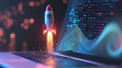 A visual masterpiece of a rocket soaring out of a laptop with dynamic digital waves, representing the limitless possibilities of technology and human aspiration.