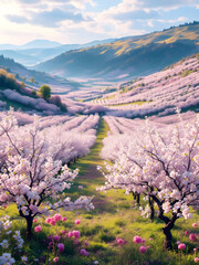 Cherry Blossom Pathway in Springtime Bliss with Rolling Hills
