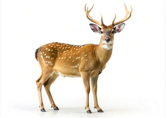 Obraz premium Elegant Deer with Antlers on White Background, Majestic Spotted Deer with Large Antlers, Beautiful Deer with White-Spotted Coat and Antlers, Graceful Deer with Brown Coat and White Spots
