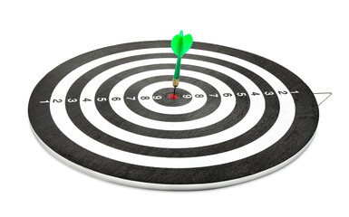 Dart board with green arrow hitting target isolated on white