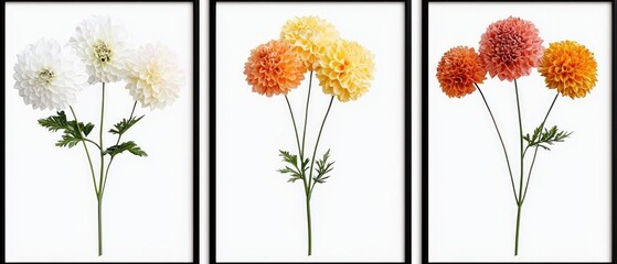 Triptych of White, Orange and Yellow Flowers on White Background