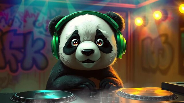 Cute panda DJ with headphones in a neon club. Seamless looping time lapse animation video background  
