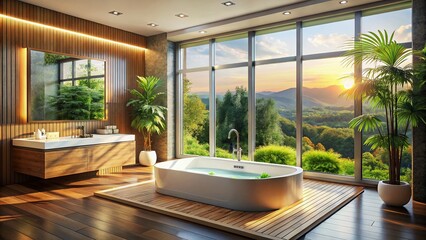 Fototapeta premium Luxurious Jacuzzi Bathtub with High Window, Natural Light, Cozy Wellness Interior Design