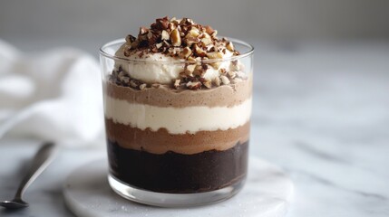 Dessert in a glass cup on a white marble plate. the dessert appears to be a layered layered dessert with layers of chocolate, cream, and nuts on top.