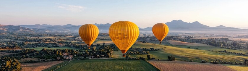 Obraz premium Stunning aerial view of a vibrant and colorful hot air balloon festival taking place amidst a picturesque mountain landscape