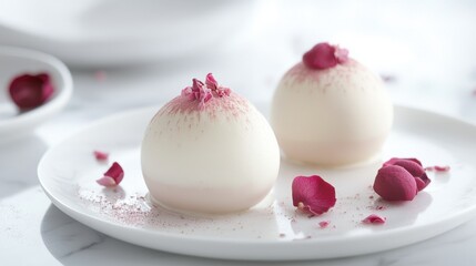 Two white desserts on a white plate. the desserts are round and have a smooth texture. they are decorated with pink rose petals on top, giving them a delicate and elegant look.